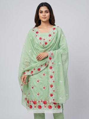 Pista Green Floral Embroidered Chanderi Cotton Dress Material - Image 1