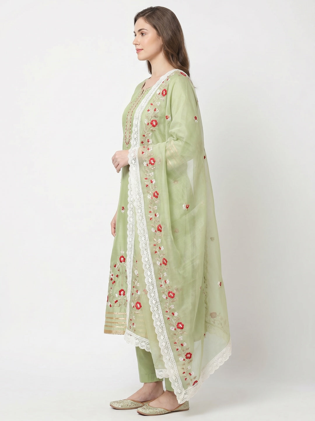 Pista Green Floral Embroidered Chanderi Cotton Dress Material - Image 3