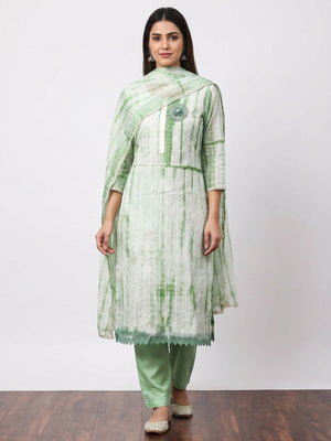 Green Sequins Embroidered Chanderi Cotton Dress Material - Image 1