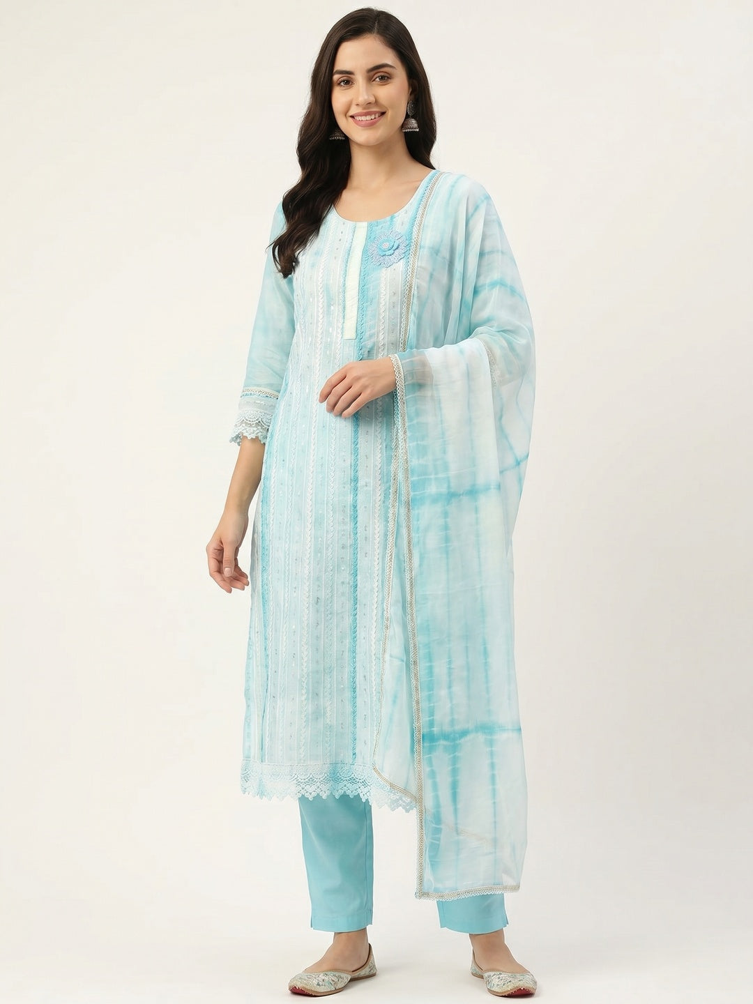 Blue Sequins Embroidered Chanderi Cotton Dress Material - Image 1