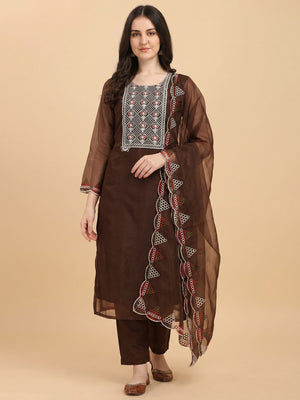 Brown Floral Embroidered Organza Dress Material - Image 1