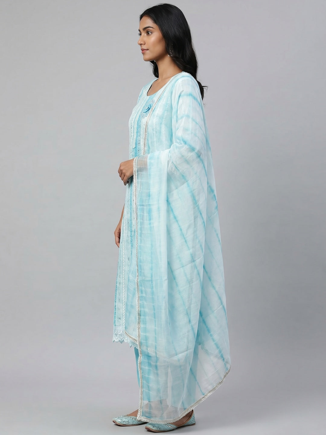 Blue Sequins Embroidered Chanderi Cotton Dress Material - Image 3