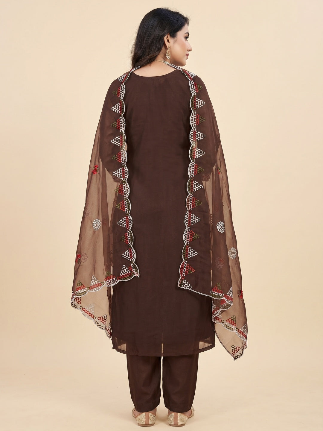Brown Floral Embroidered Organza Dress Material - Image 3