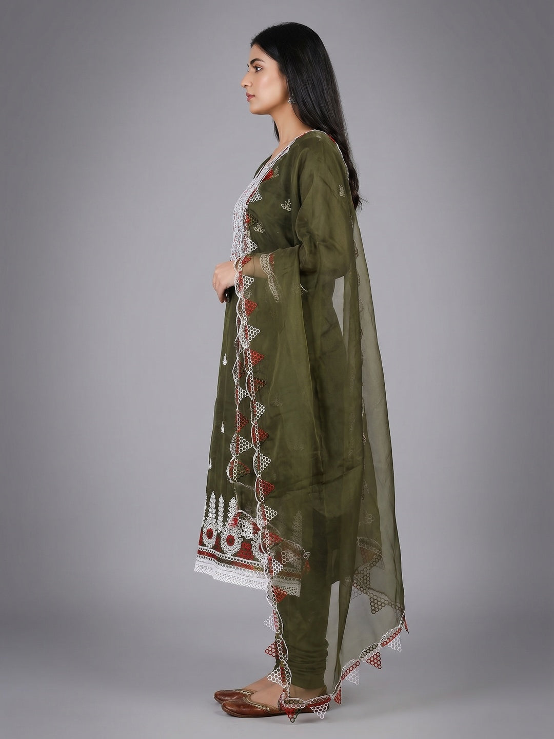 Mehendi Green Floral Embroidered Organza Dress Material - Image 2