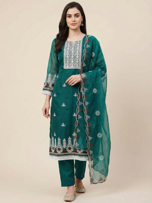 Rama Green Floral Embroidered Organza Dress Material - Image 1