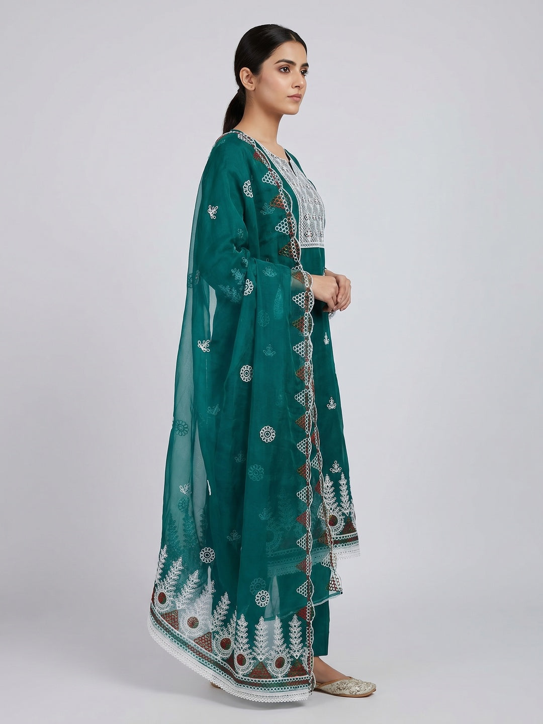 Rama Green Floral Embroidered Organza Dress Material - Image 2