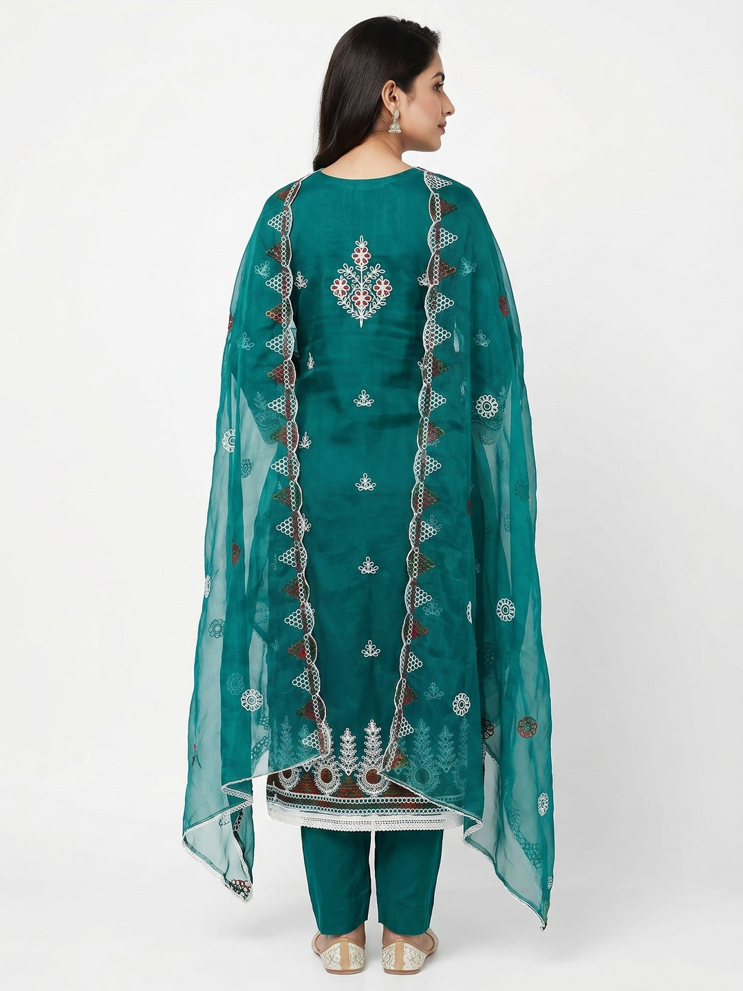 Rama Green Floral Embroidered Organza Dress Material - Image 3