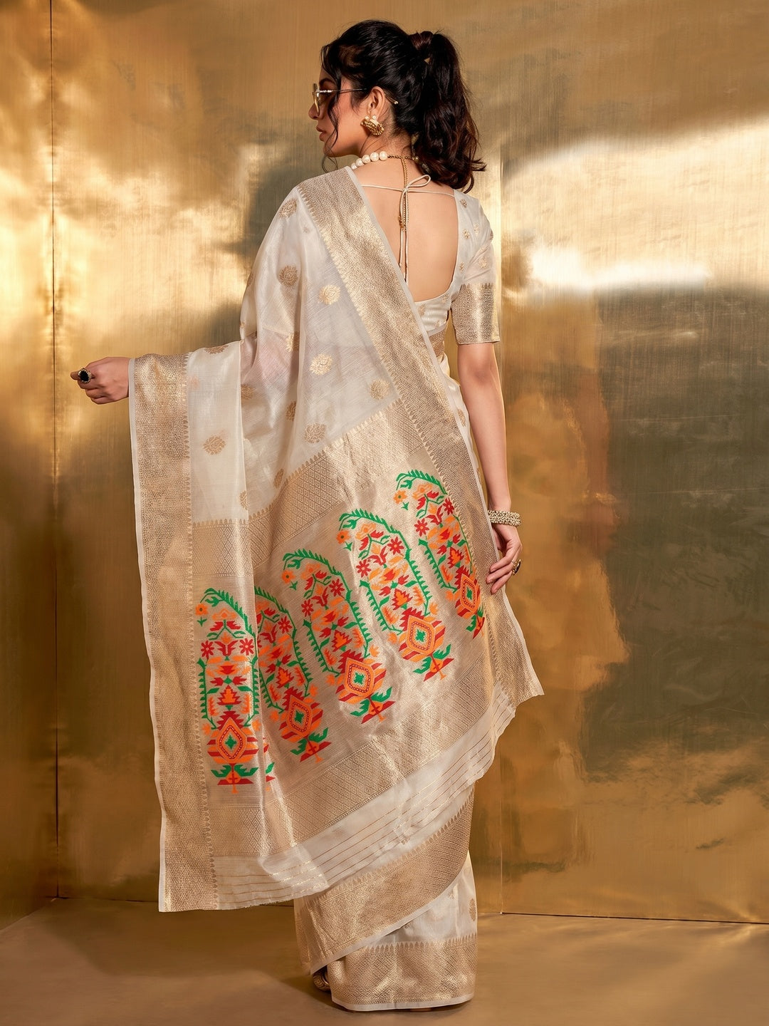 Off White Woven Tissue Paithani Saree - Image 1