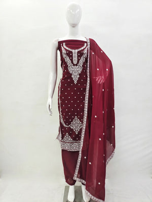 Maroon Floral Embroidered Georgette Dress Material - Image 1