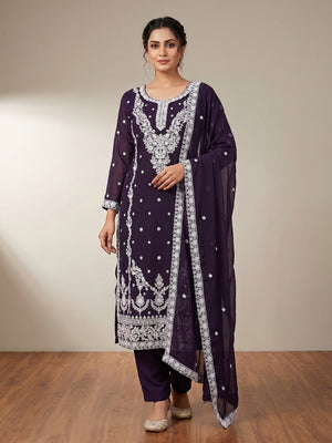 Purple Floral Embroidered Georgette Dress Material - Image 1