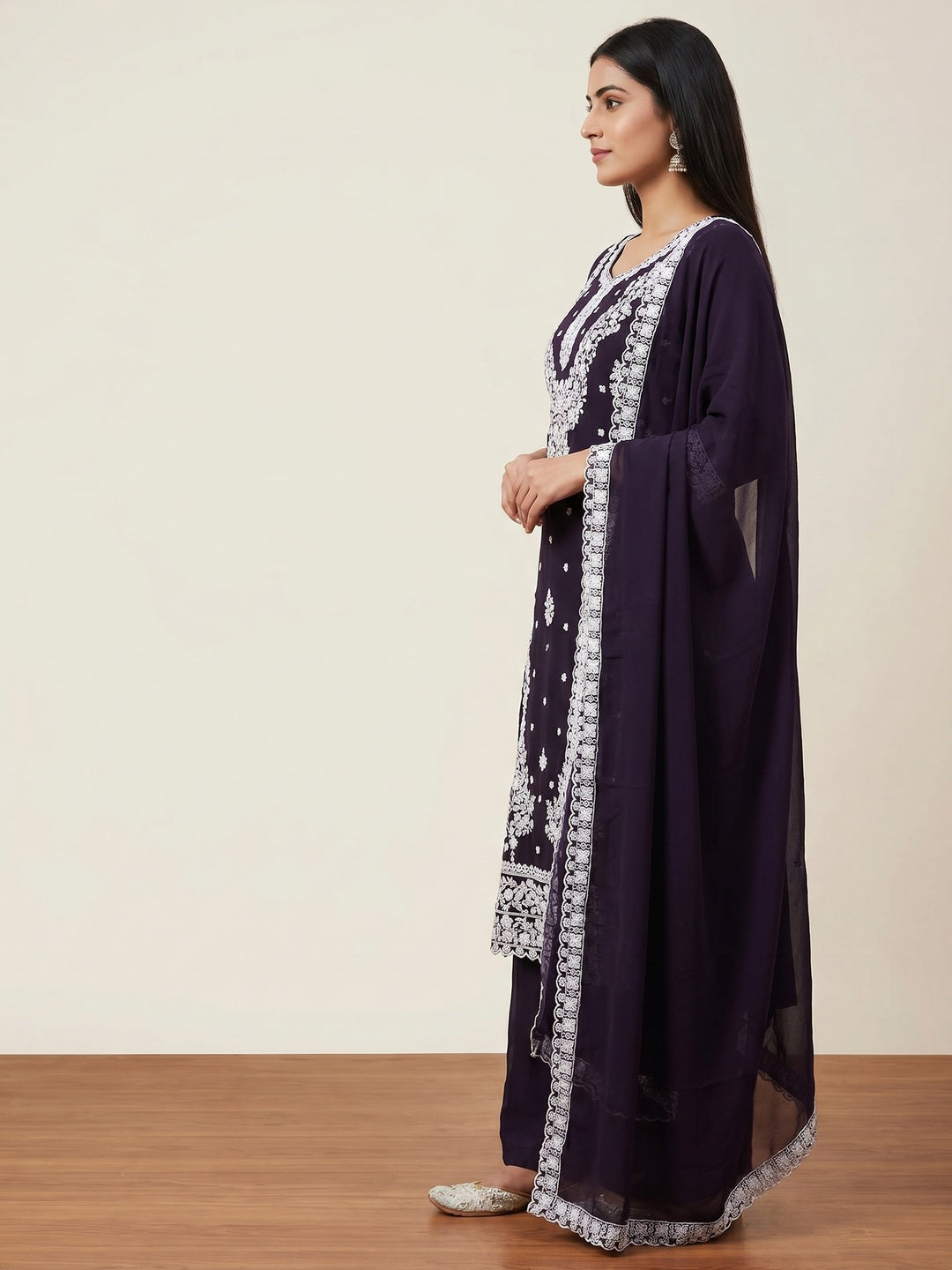 Purple Floral Embroidered Georgette Dress Material - Image 2