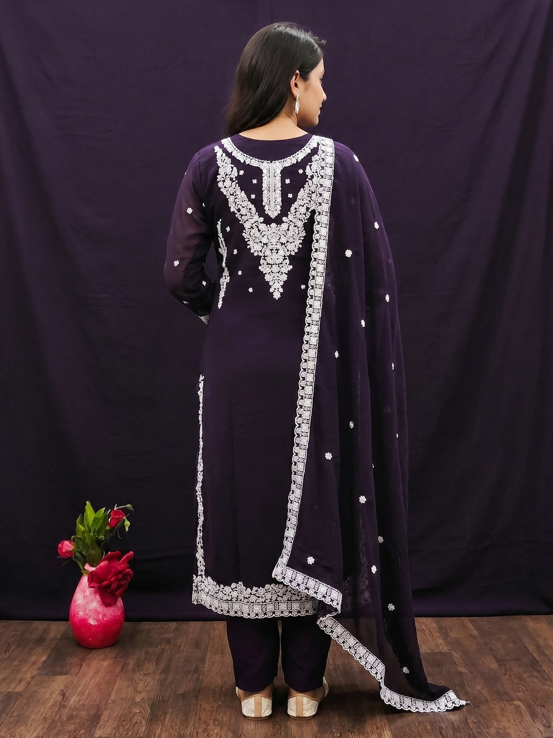 Purple Floral Embroidered Georgette Dress Material - Image 3