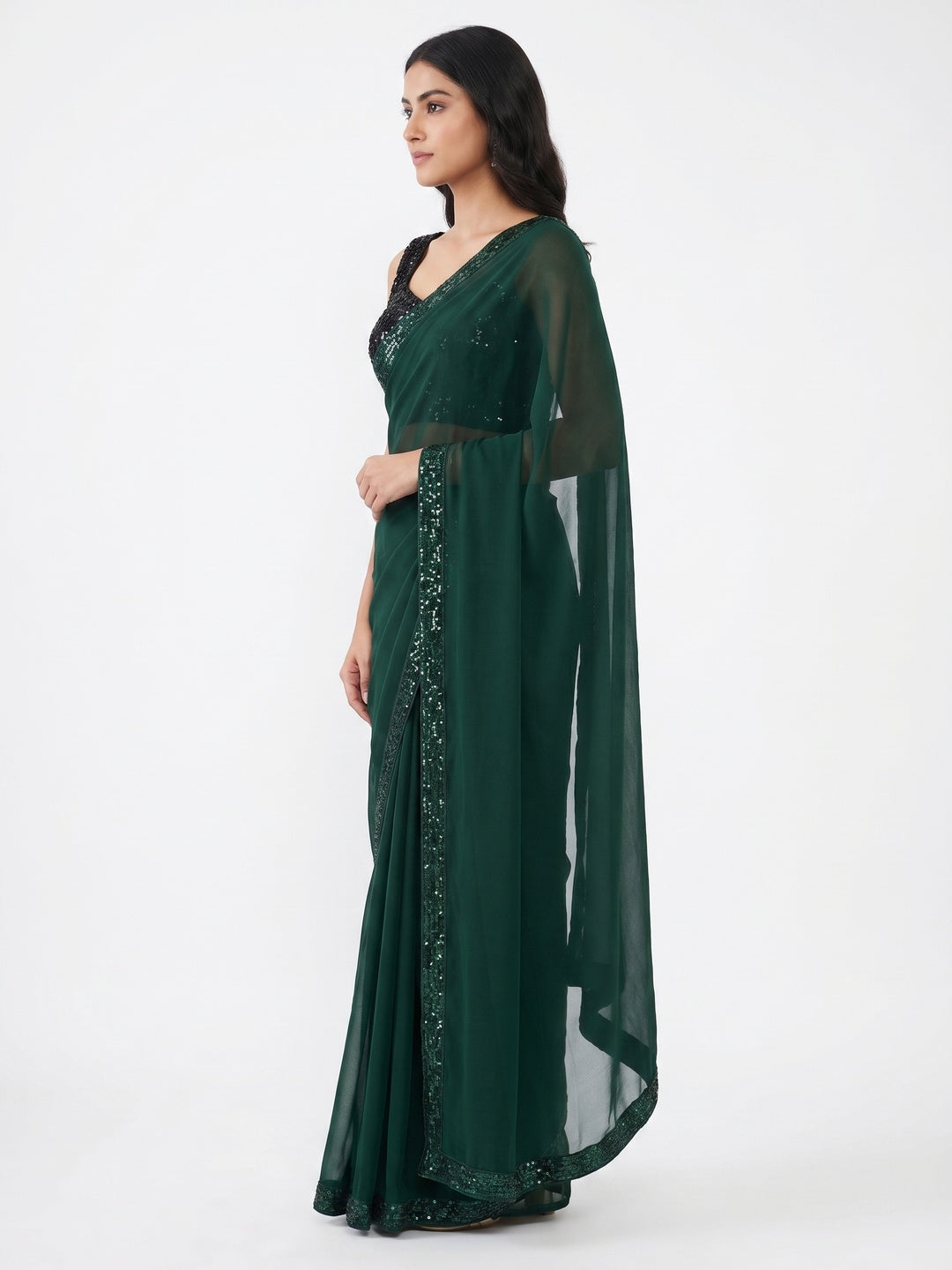 Dark Green Sequins Embroidered Chiffon Saree - Image 3