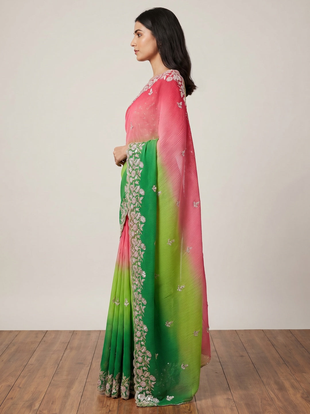 Green & Pink Sequins Embroidered Georgette Crush Saree - Image 3