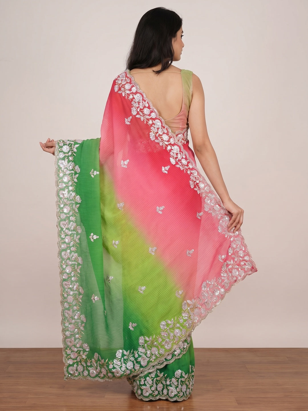 Green & Pink Sequins Embroidered Georgette Crush Saree - Image 2