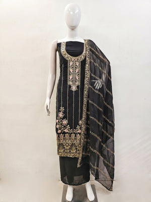 Black Embroidered Georgette Dress Material - Image 1