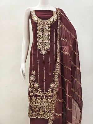 Dark Brown Embroidered Georgette Dress Material - Image 1