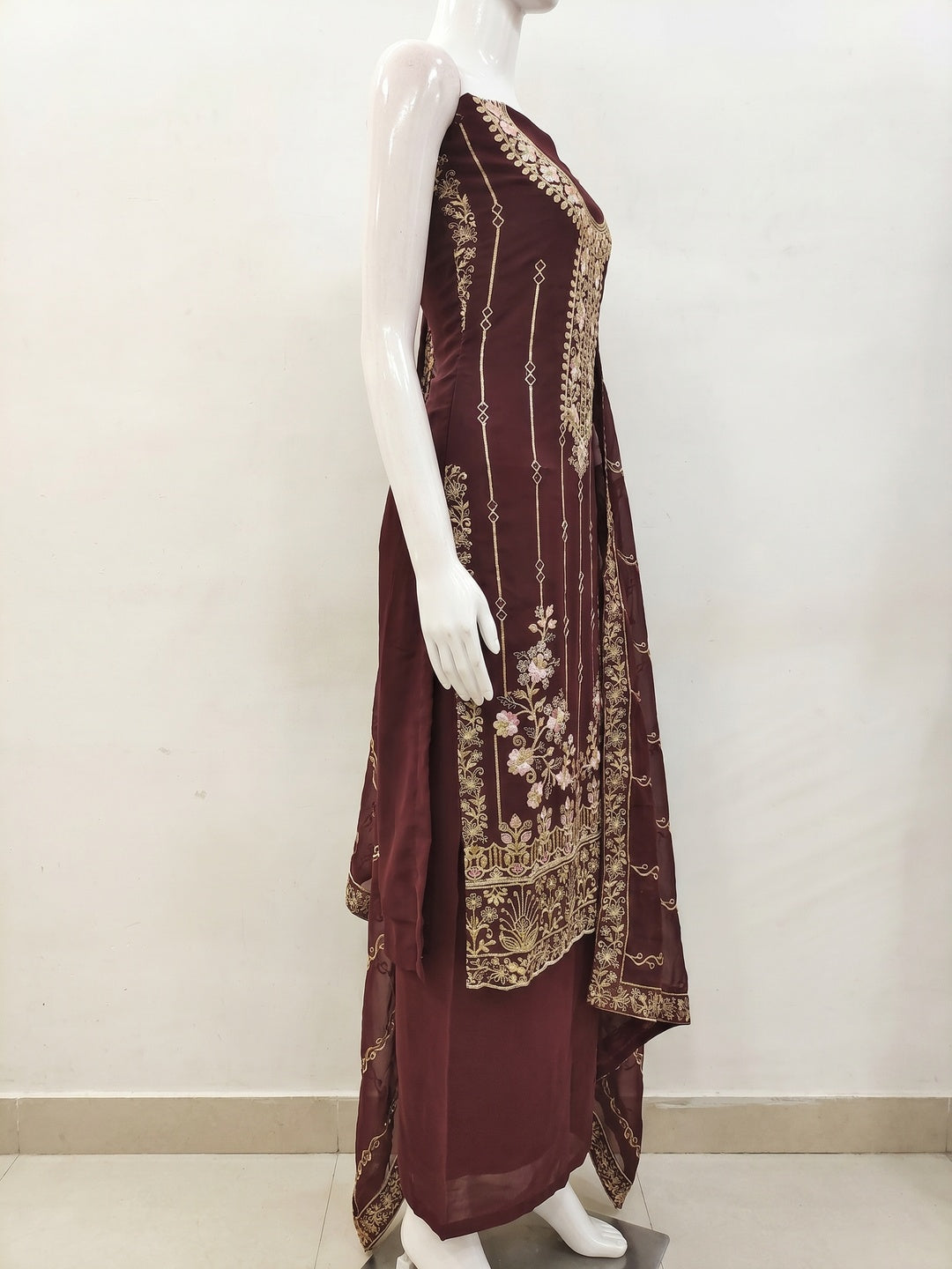 Dark Brown Embroidered Georgette Dress Material - Image 2