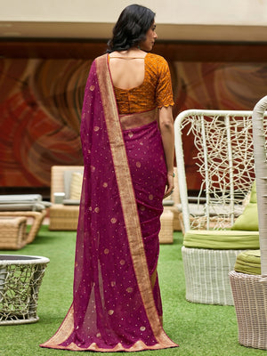 Purple Foil Printed With Woven Border Georgette Saree - Image 1
