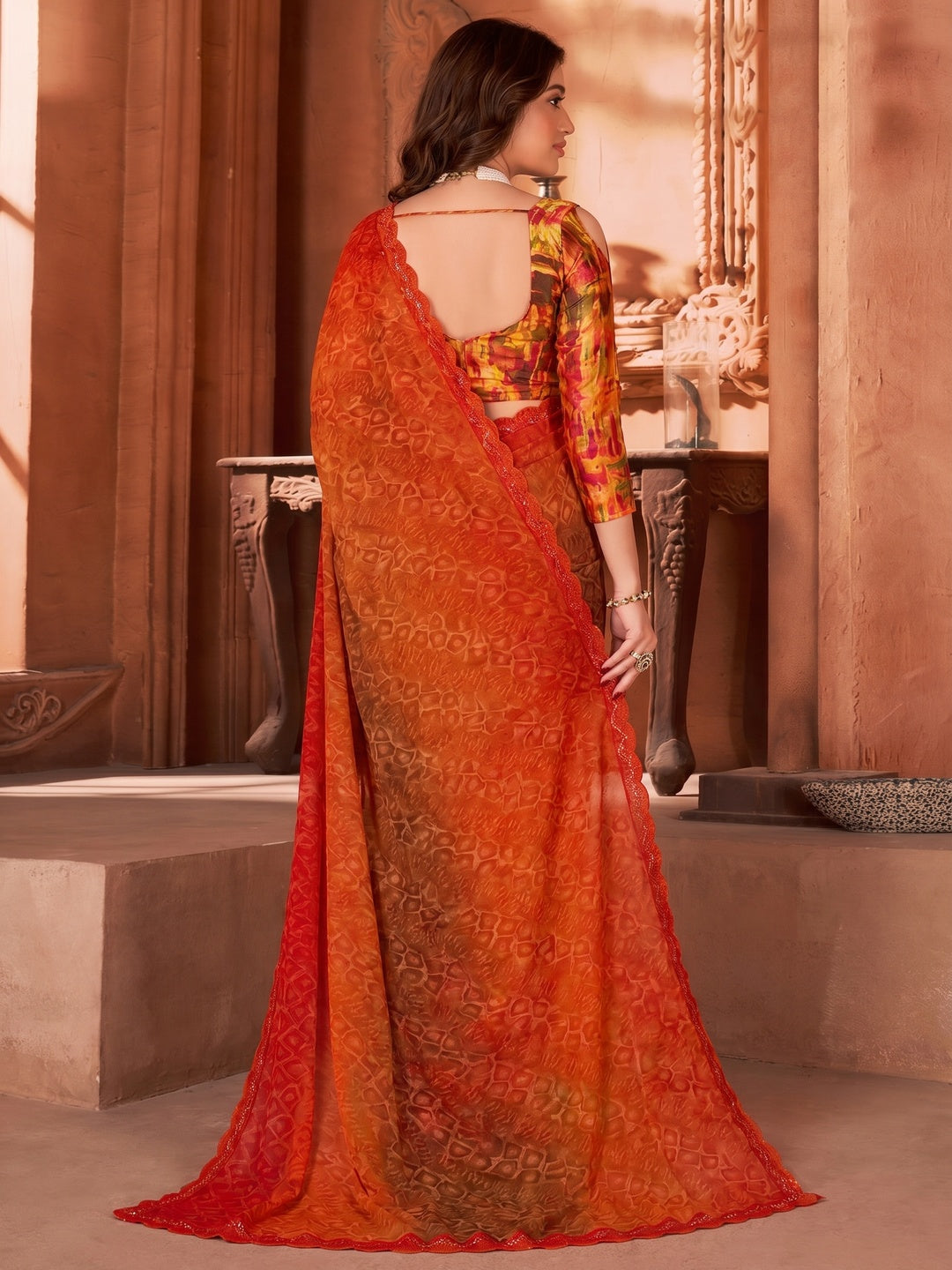 Red Printed Moss Georgette Saree With Swarovski Work Border - Image 1