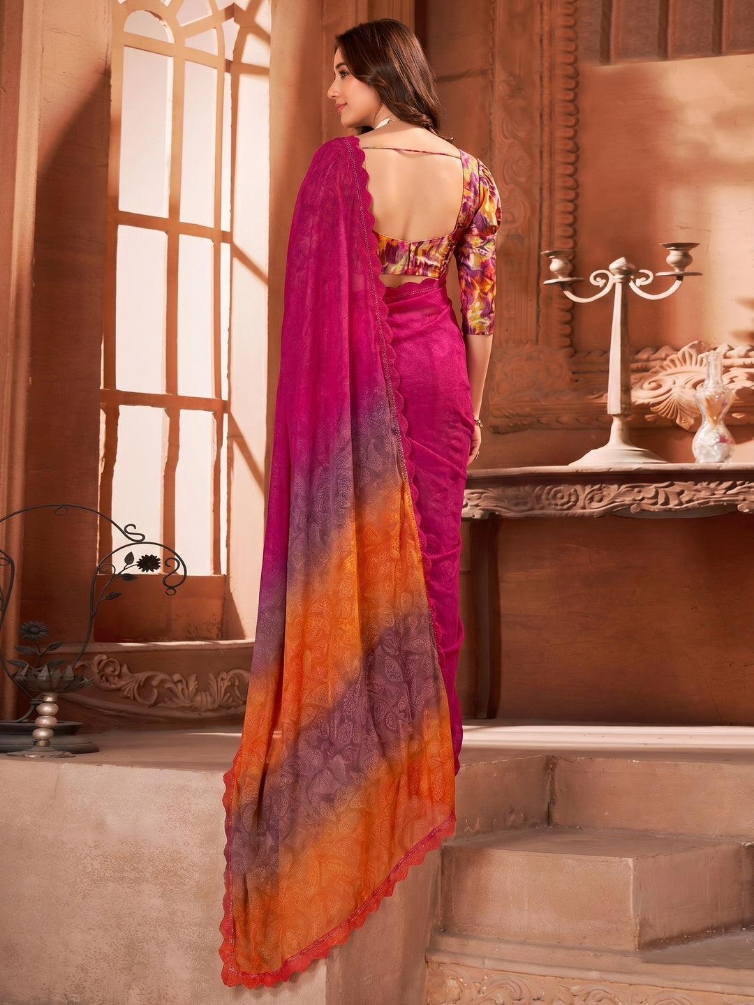 Pink Printed Moss Georgette Saree With Swarovski Work Border - Image 1