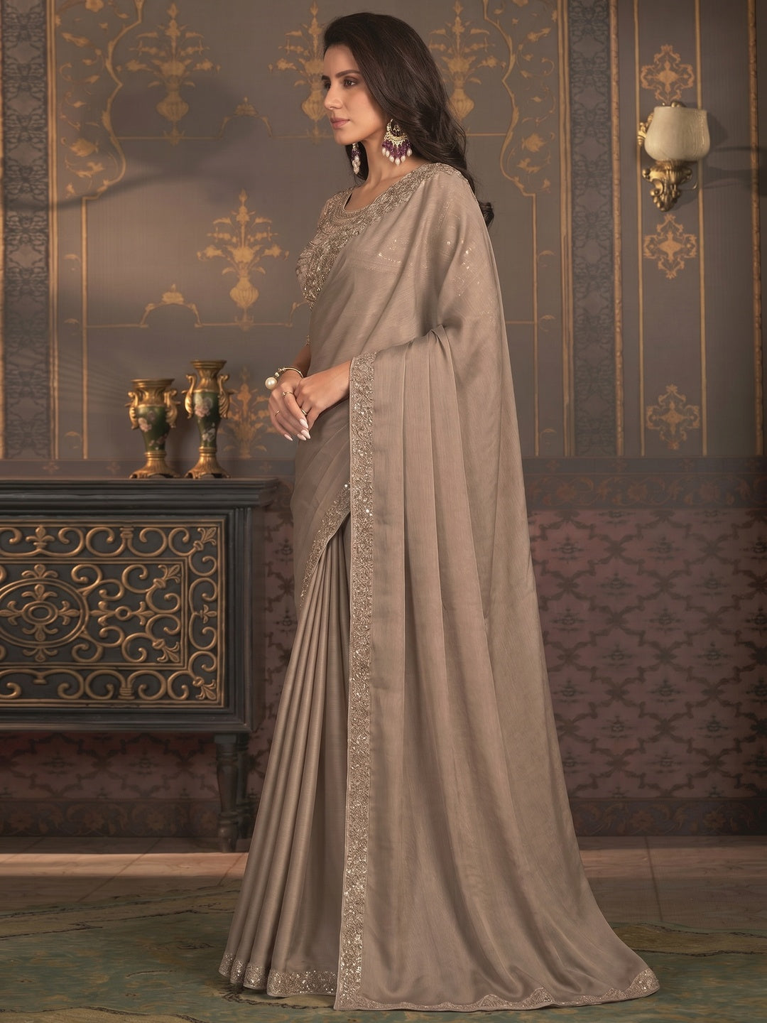 Dusty Beige Embroidered Designer Satin Saree - Image 1