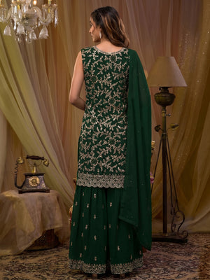 Green Sequins Embroidered Georgette Semi Stitched Sharara Suit - Image 1