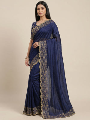 Blue Embroidered With Swarovski Work Vichitra Silk Saree - Image 1