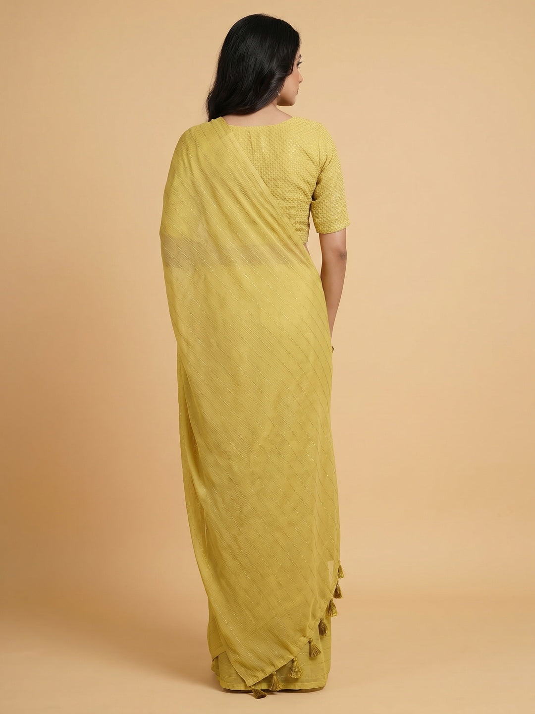 Yellow Woven Chiffon Saree with Tassels - Image 2