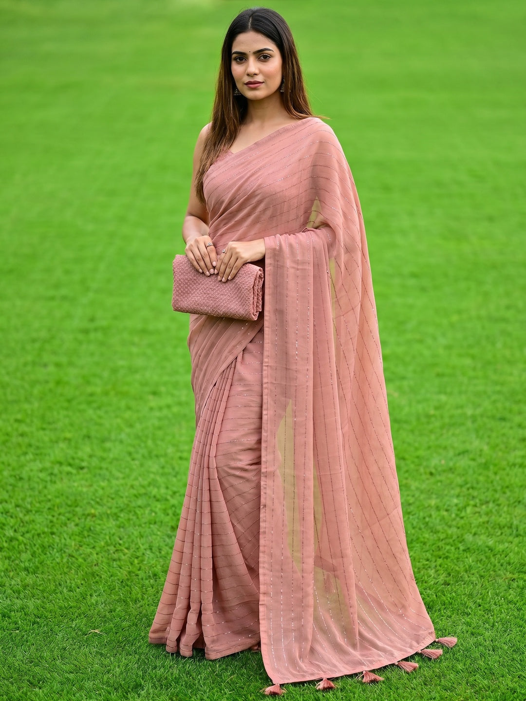 Peach Woven Chiffon Saree with Tassels - Image 1