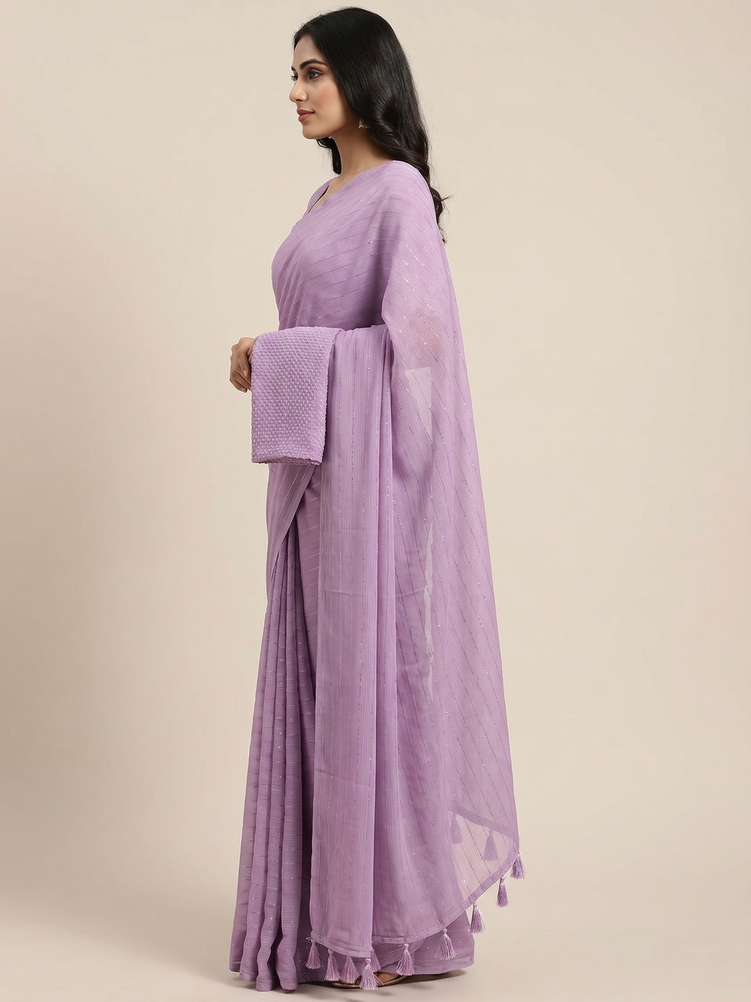 Lavender Woven Chiffon Saree with Tassels - Image 2