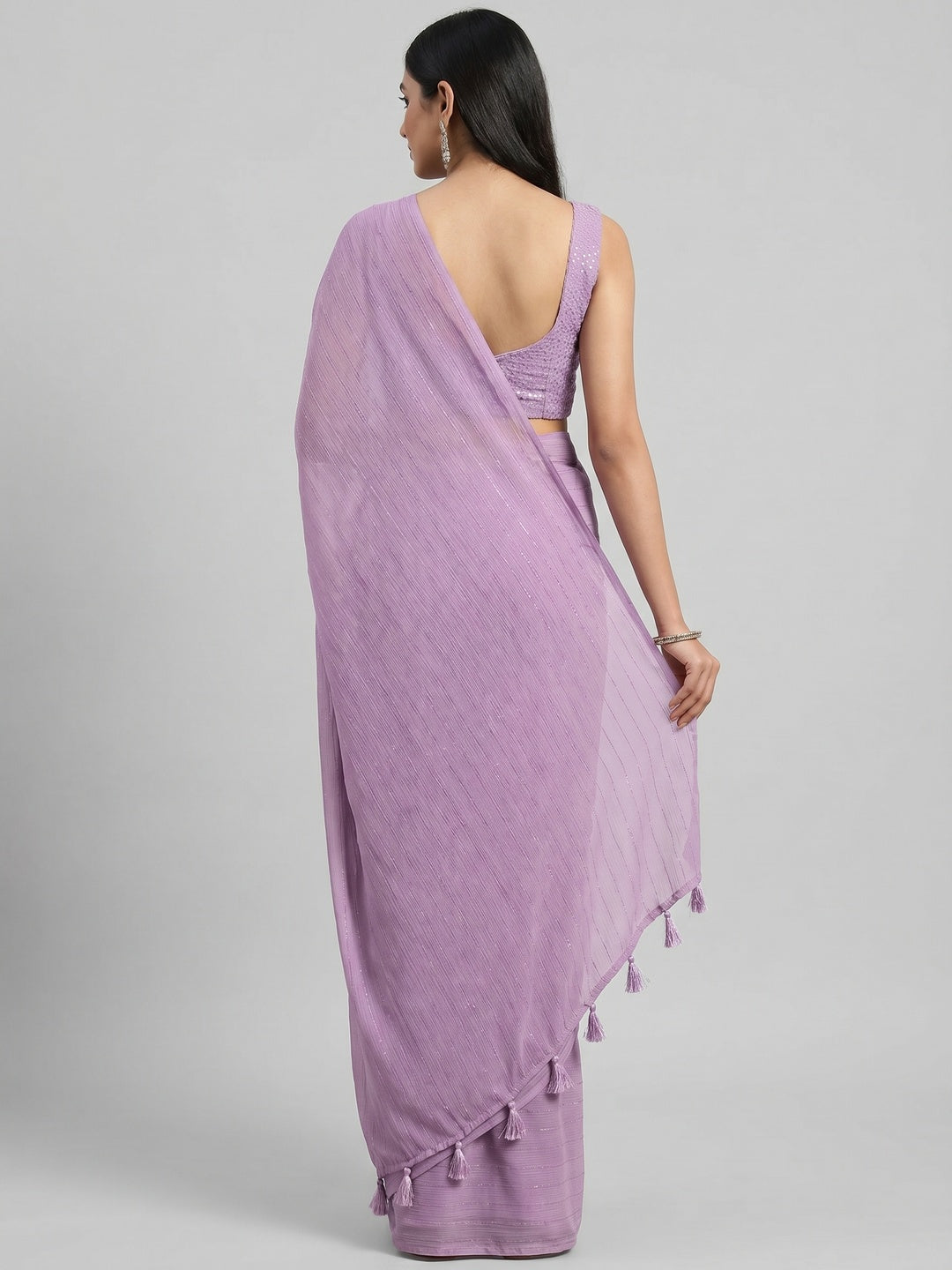Lavender Woven Chiffon Saree with Tassels - Image 3