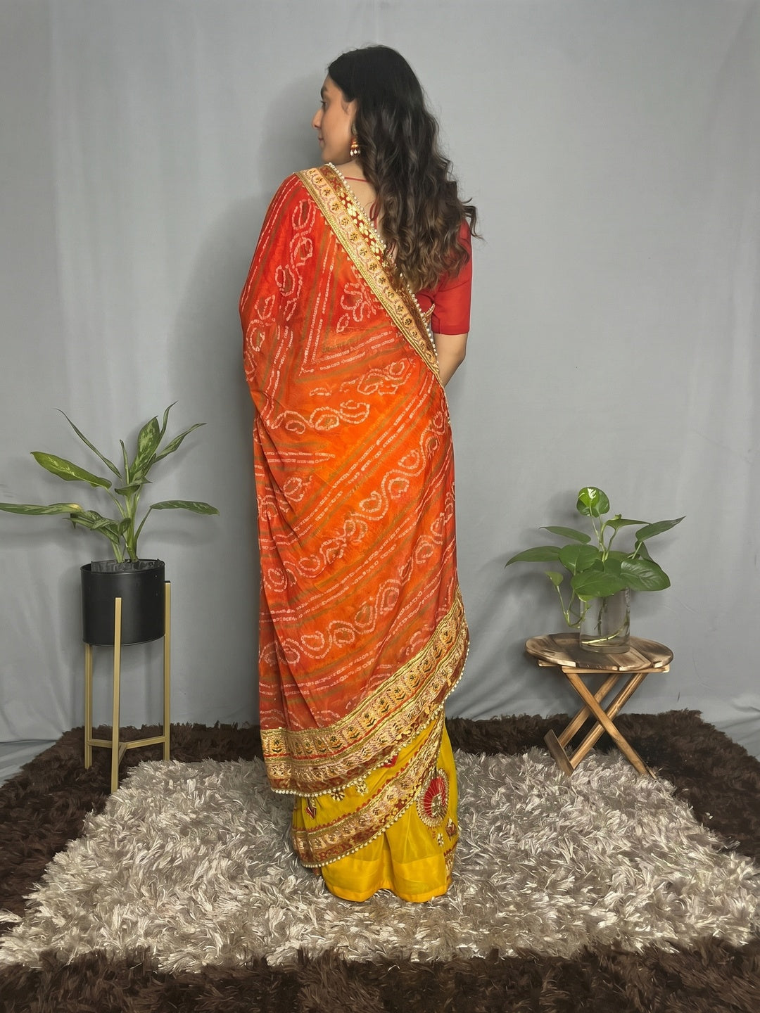 Yellow & Orange Bandhani Printed Chiffon Half & Half Saree - Image 2