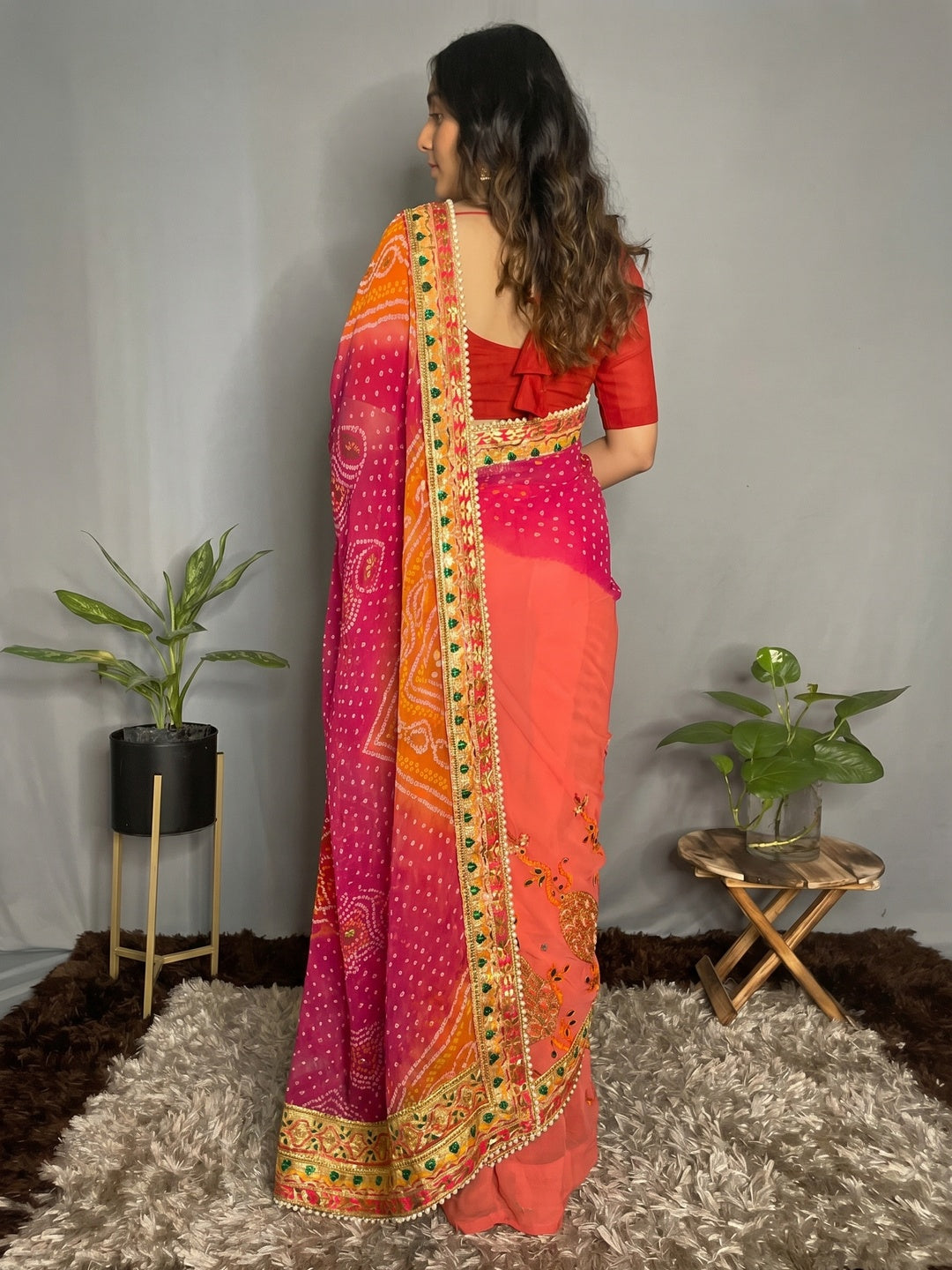 Peach & Pink Bandhani Printed Chiffon Half & Half Saree - Image 2