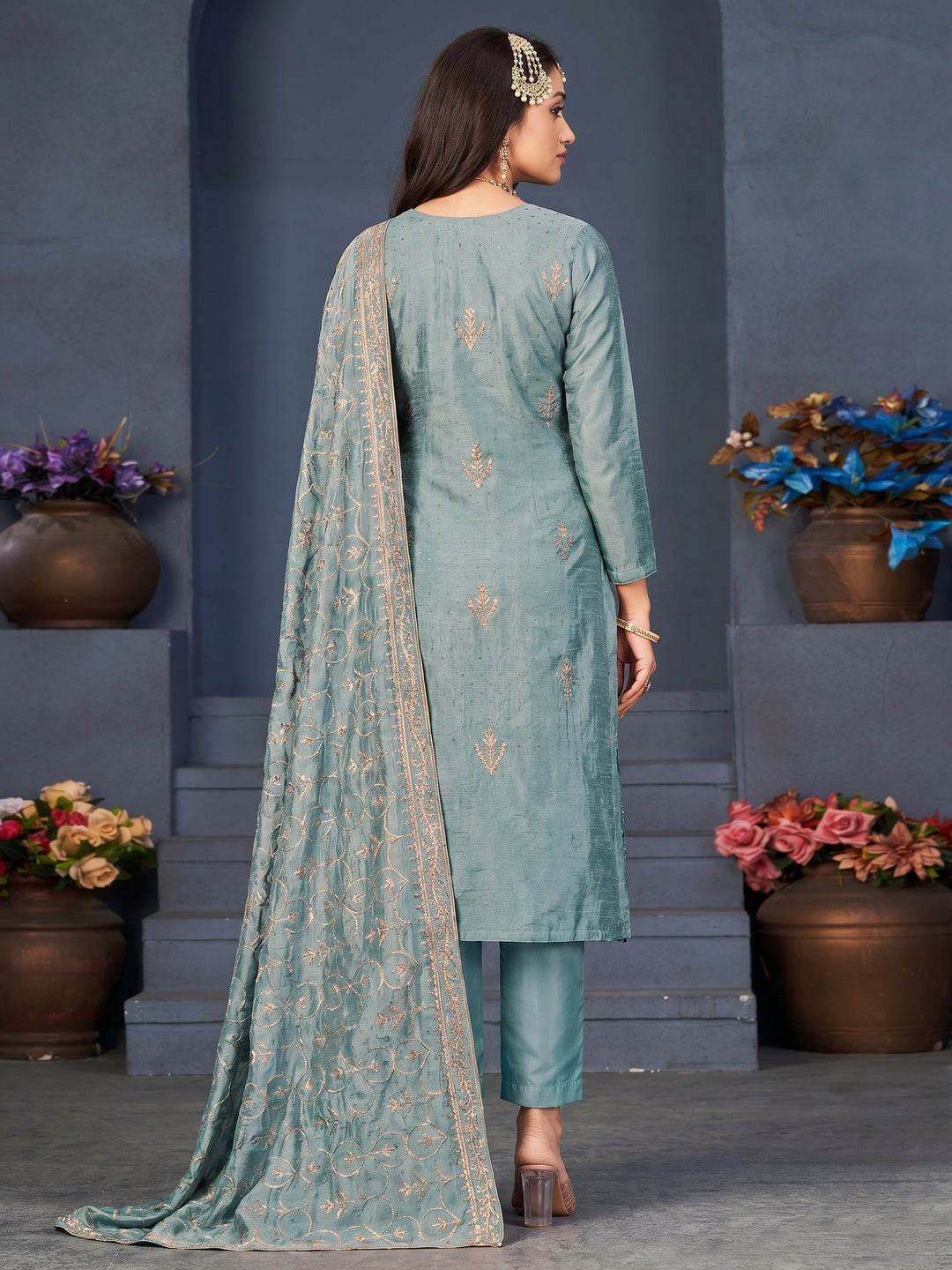Blue Embroidered With Swarovski Work Art Silk Semi Stitched Salwar Suit - Image 1