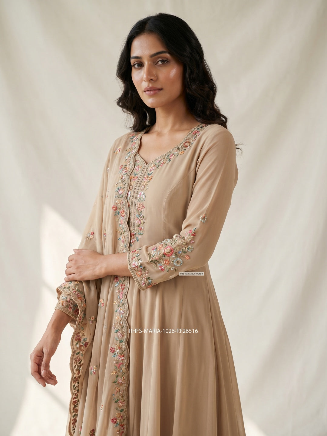 Beige Sequins With Floral Embroidered Georgette Pakistani Suit - Image 1