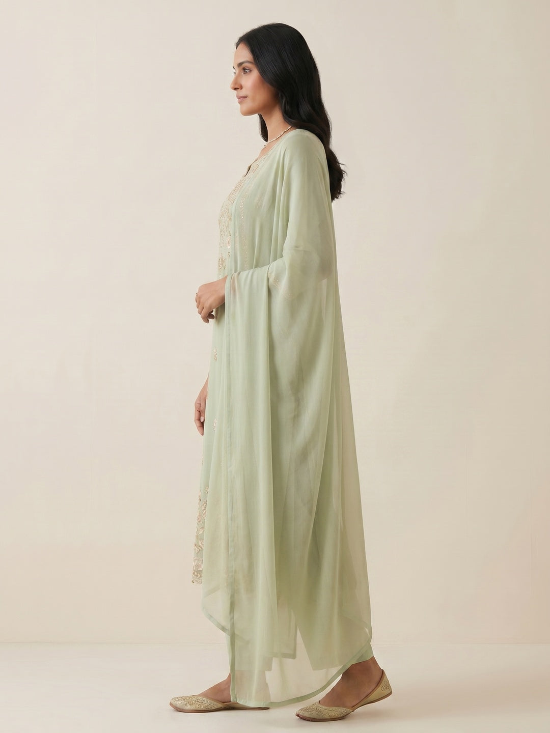 Light Green Sequins With Floral Embroidered Georgette Pakistani Suit - Image 3