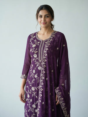 Purple Sequins With Floral Embroidered Georgette Pakistani Suit - Image 2