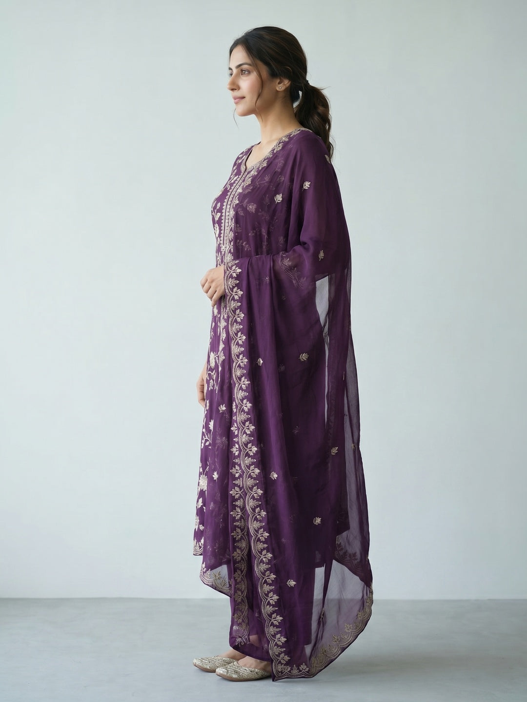 Purple Sequins With Floral Embroidered Georgette Pakistani Suit - Image 4
