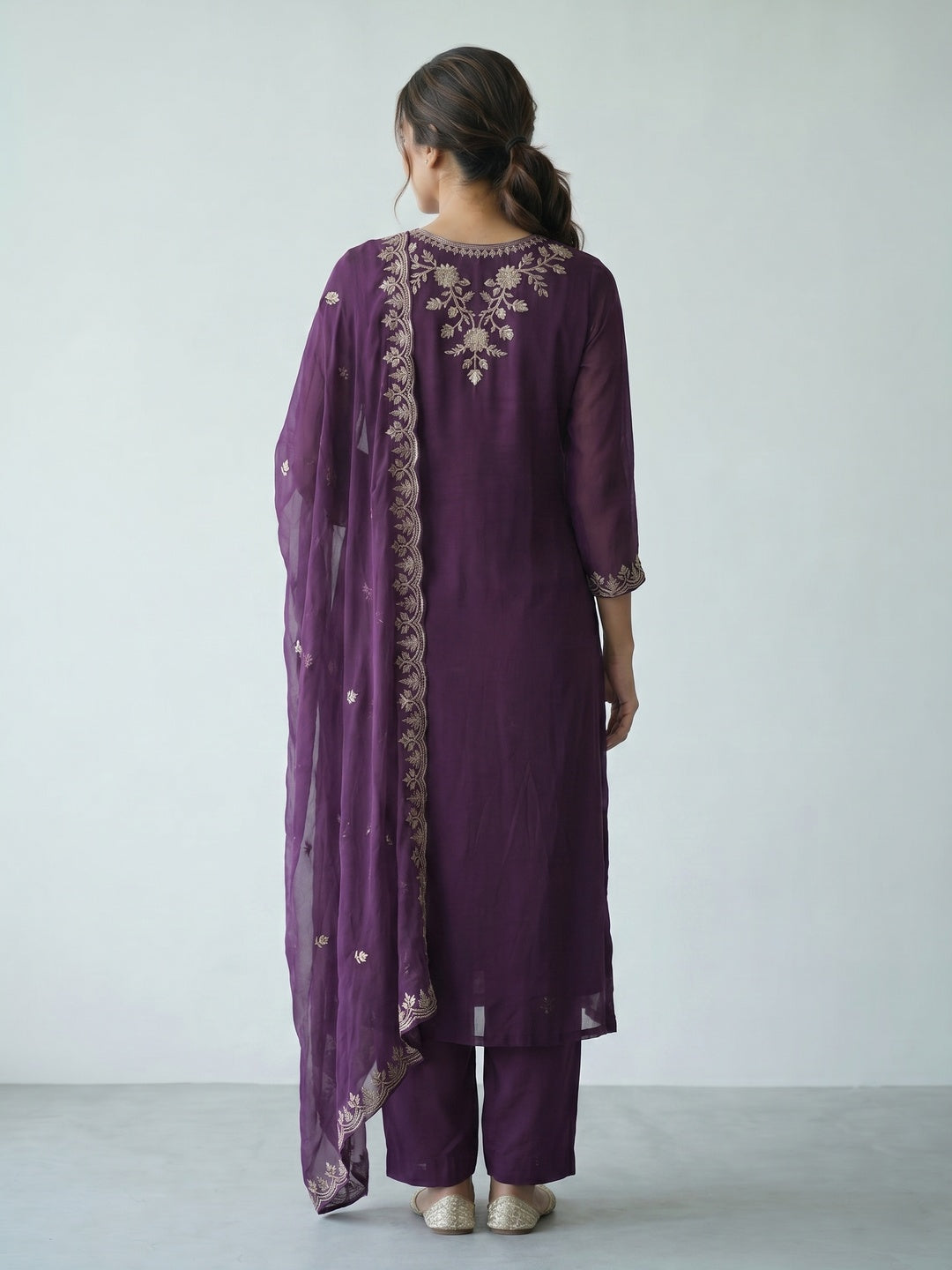 Purple Sequins With Floral Embroidered Georgette Pakistani Suit - Image 3