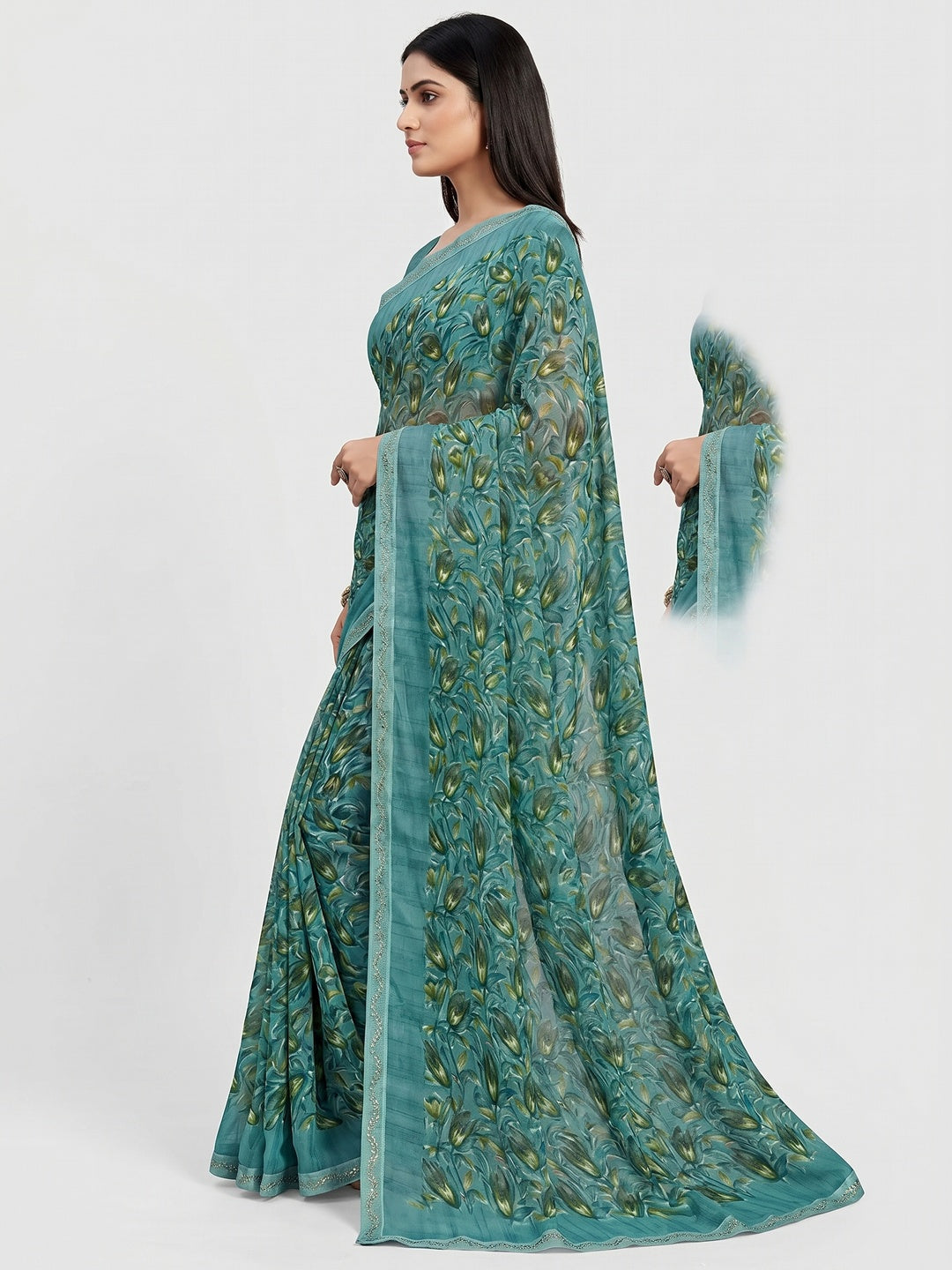 Teal Floral Printed Georgette Saree - Image 2
