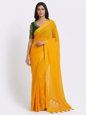 Mustard Zari Woven Georgettte Saree With Tassels - Image 1