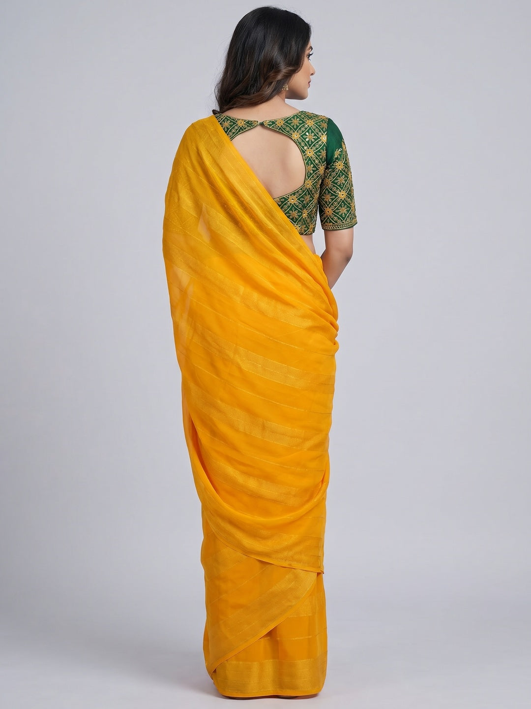 Mustard Zari Woven Georgettte Saree With Tassels - Image 2