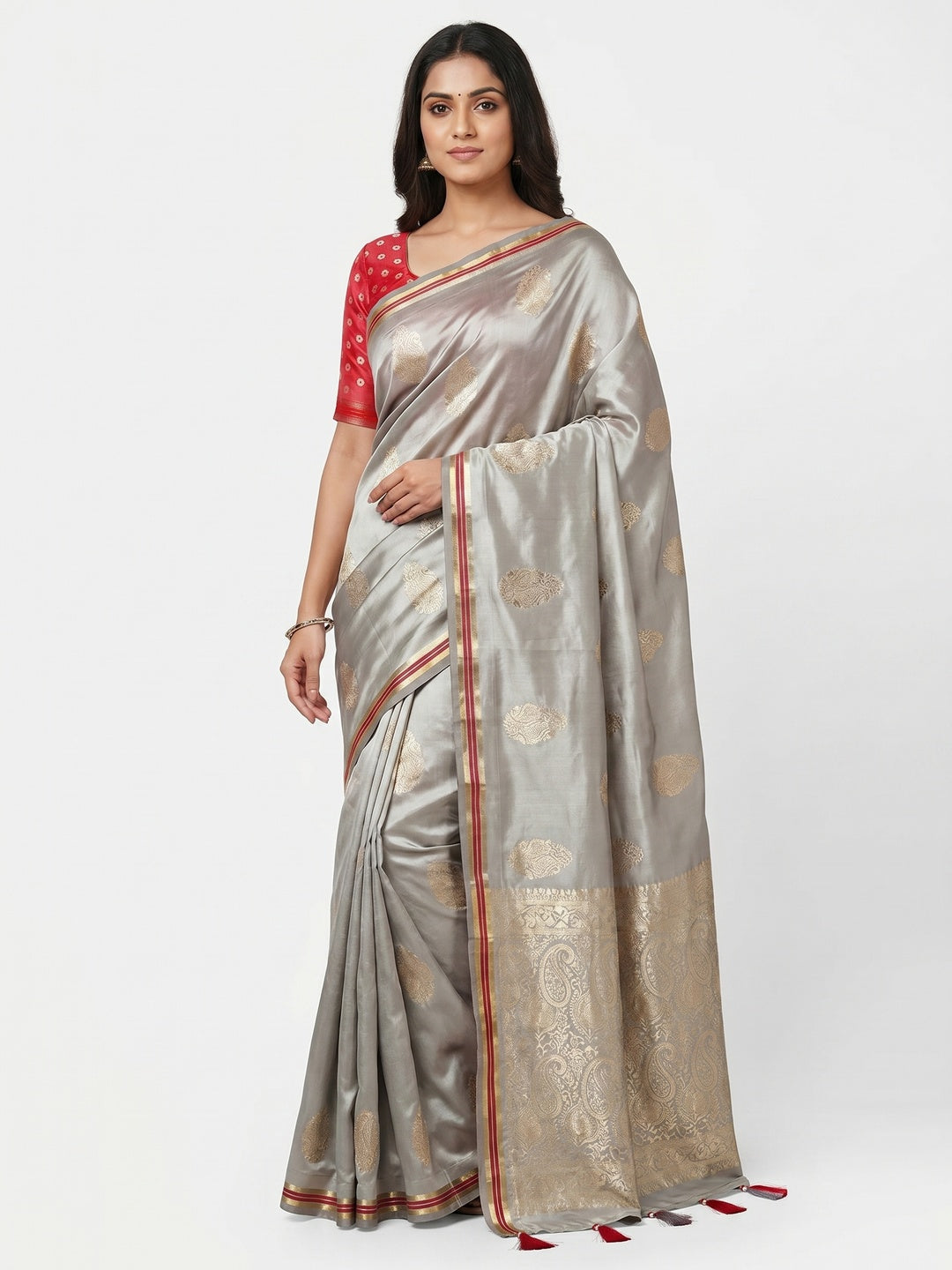 Grey Woven Satin Saree With Tassels - Image 1