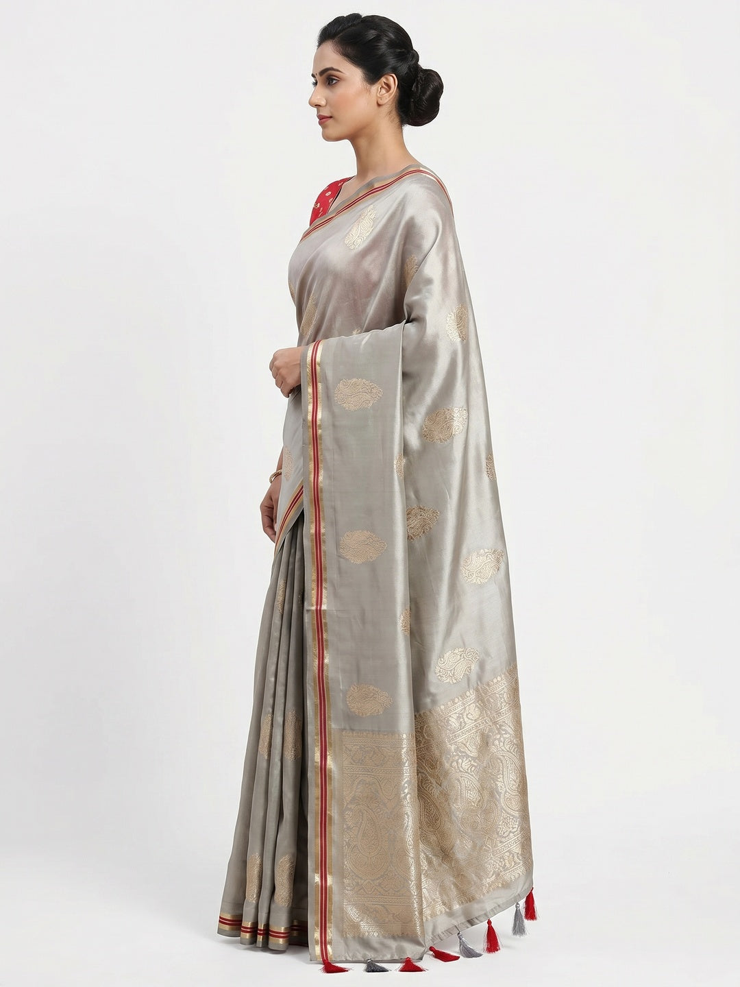Grey Woven Satin Saree With Tassels - Image 3