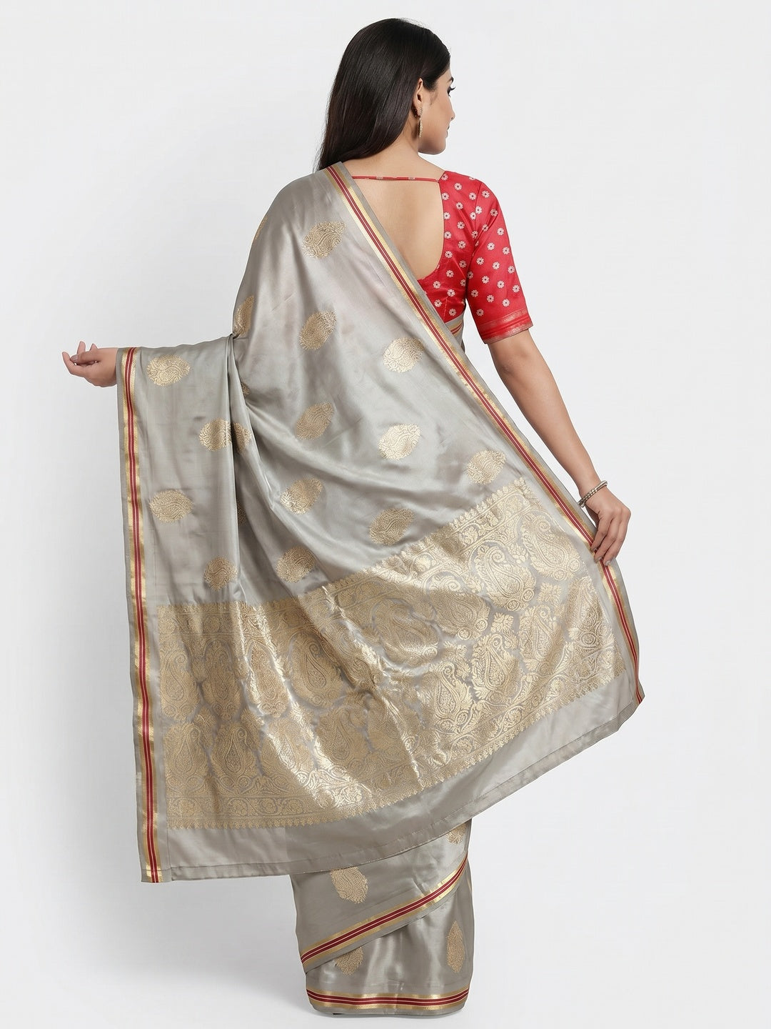 Grey Woven Satin Saree With Tassels - Image 2