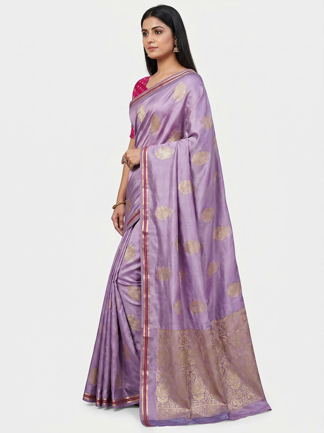Lavender Woven Satin Saree With Tassels - Image 3