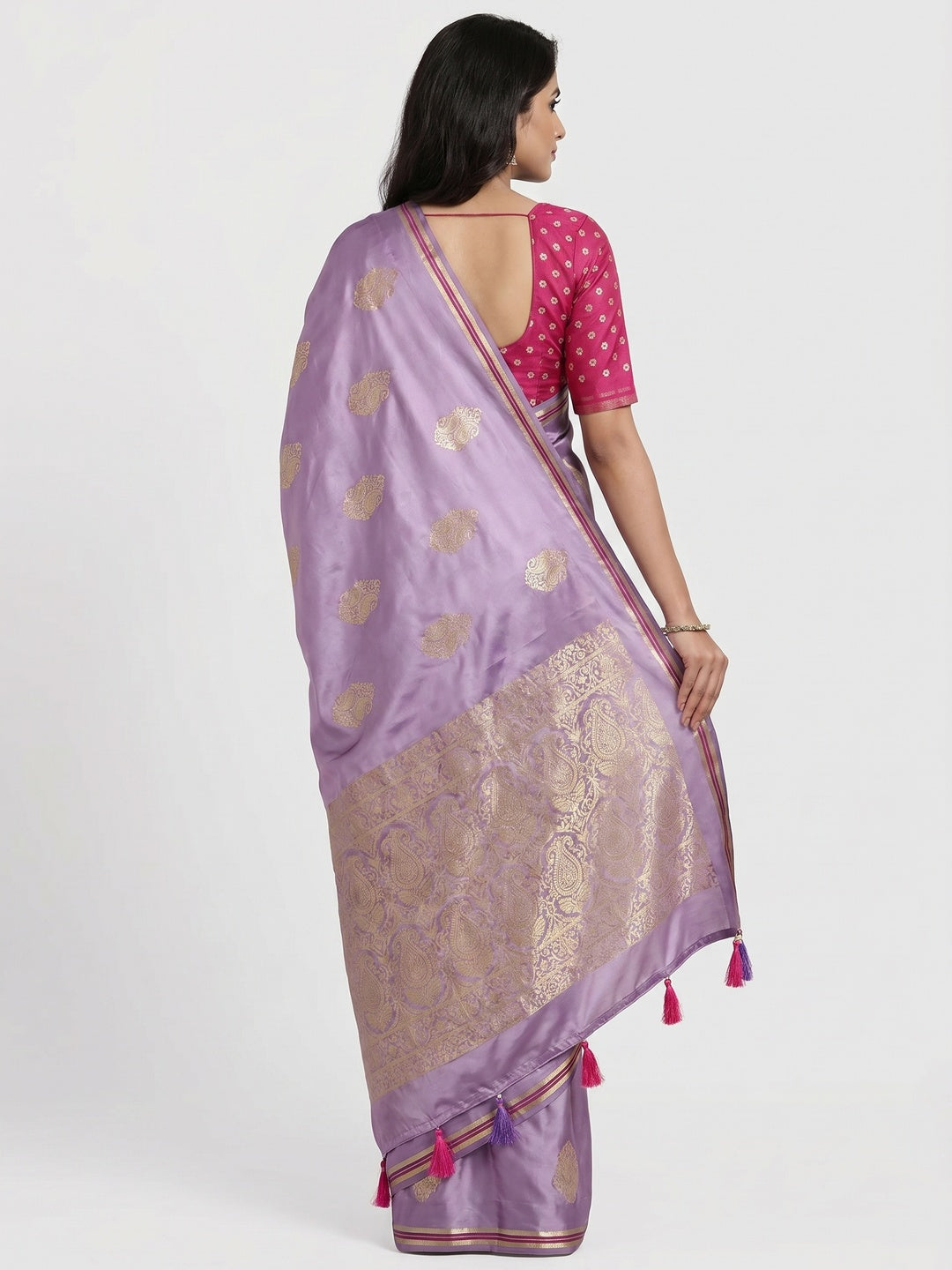 Lavender Woven Satin Saree With Tassels - Image 2