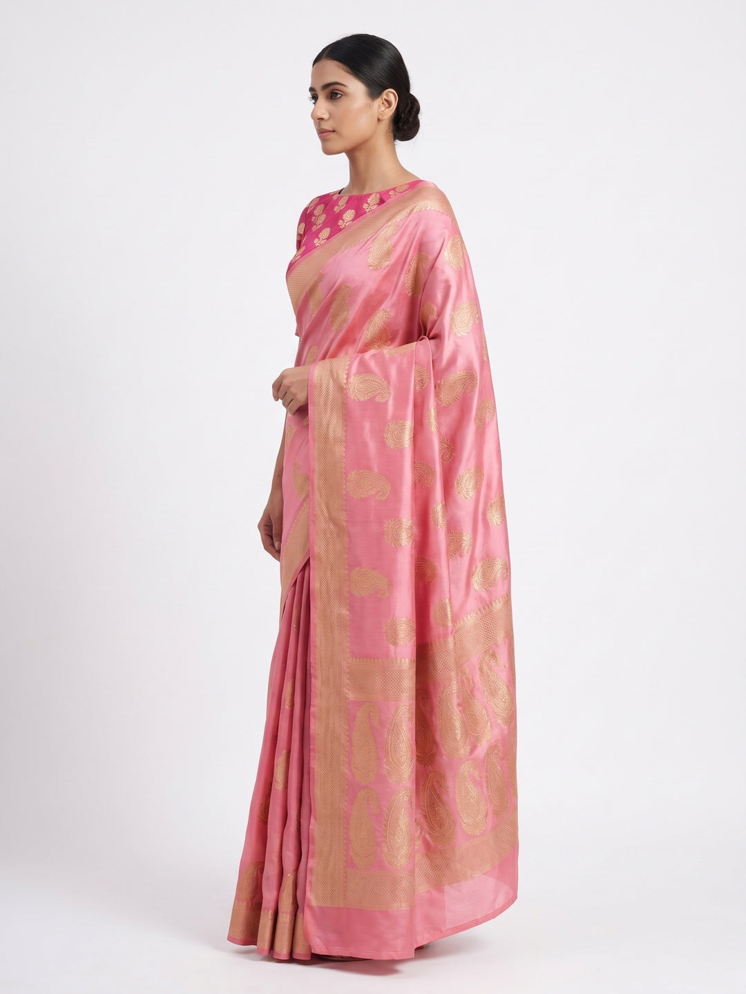 Pink Woven Satin Saree With Tassels - Image 2