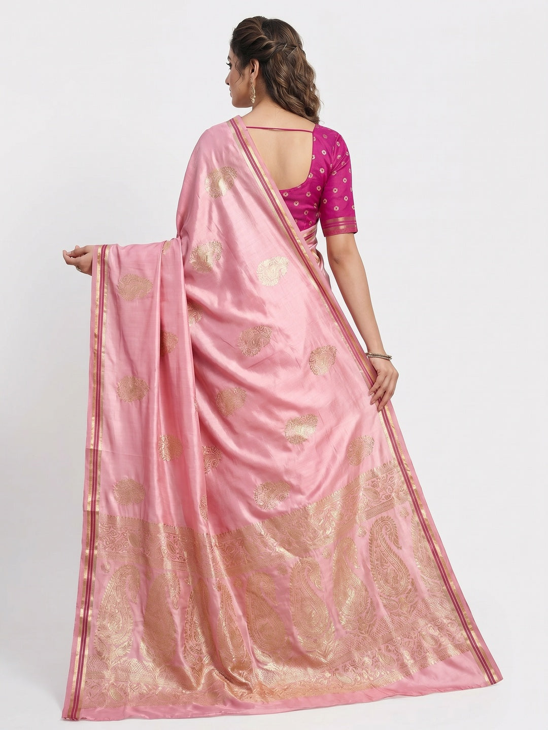 Pink Woven Satin Saree With Tassels - Image 3